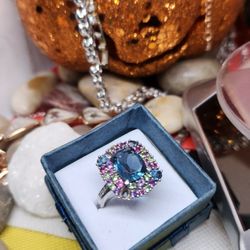 925 Sterling Silver With Authentic London Blue Topaz  And Diamond's 