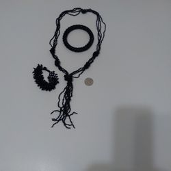 Black Beaded Necklace & Two Braclets