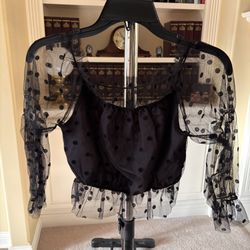 SHEIN black sheer polka dot puff sleeve top