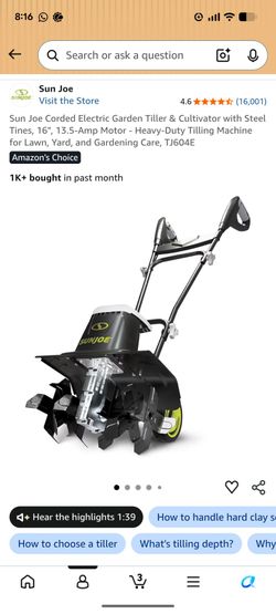 Sun Joe Corded Electric Garden Tiller & Cultivator with Steel Tines, 16", 13.5-Amp Motor - Heavy-Duty Tilling Machine for Lawn, Yard, and Gardening Ca