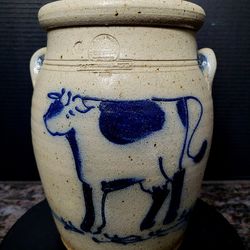 Vintage Rowe Pottery Stoneware Salt Glaze Jar Cow Motif With Lid 7"
