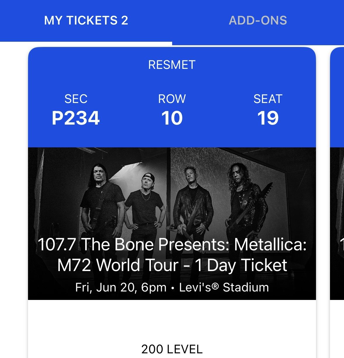 Selling 2 tickets for the Metallica concert on June 20th at Levi’s stadium
