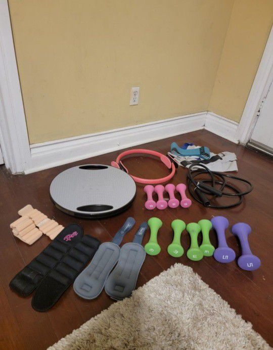 Exercise Equipment Rubber Dumbells, Ballancing Board, Yoga Ring, Bands And More 