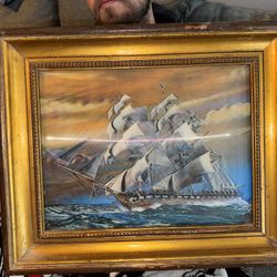 Vintage 3D Ship Picture With Wooden Frame 