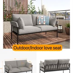 Outdoor/Indoor Love Seat Metal Frame Sofa With 2 Cushions 