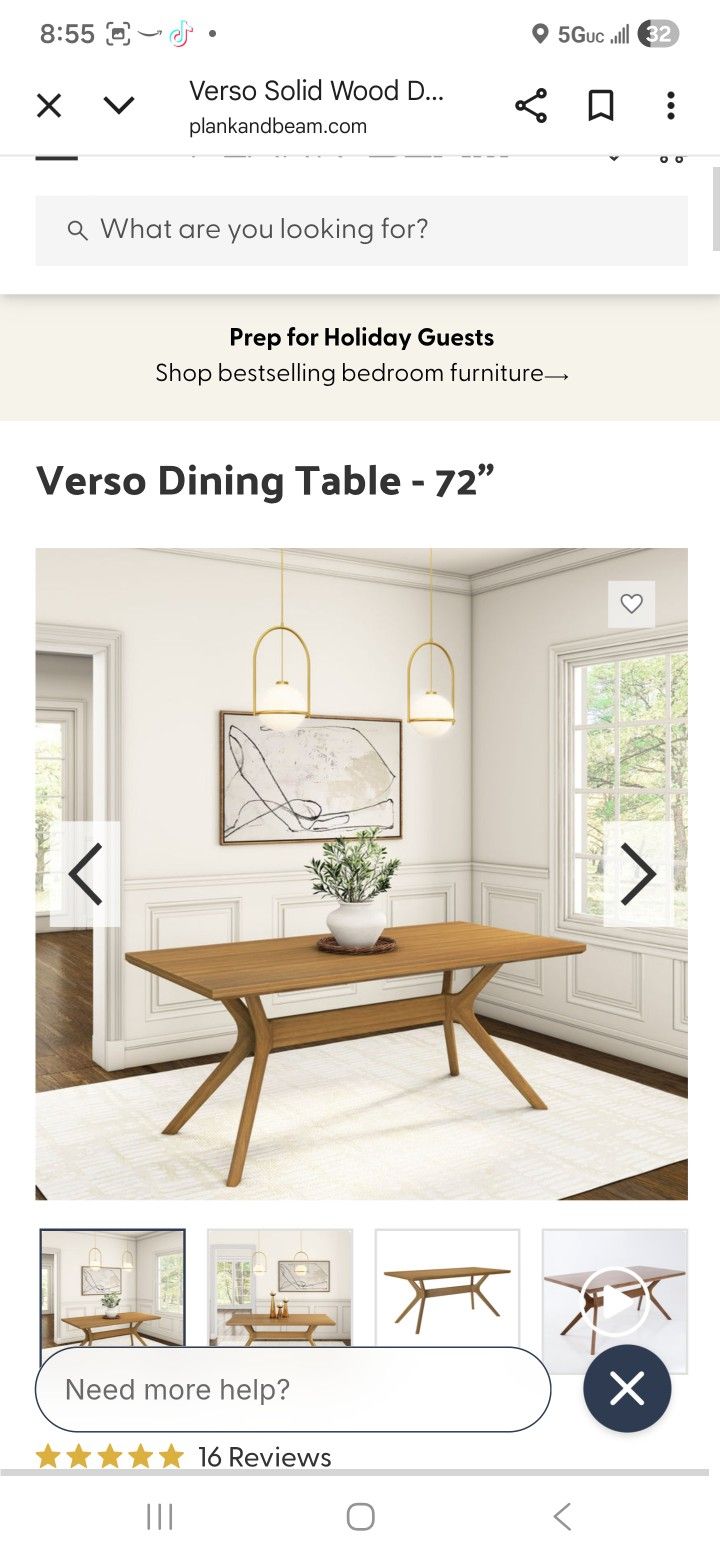 Plank+Beam 72" Verso Rectangular Dining Table for 6, Solid Wood Cross Leg Kitchen Table, Pecan