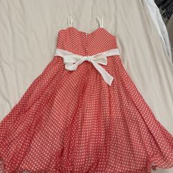 Chiffon Coral and white polka dot dress with cream bow. kid size 10