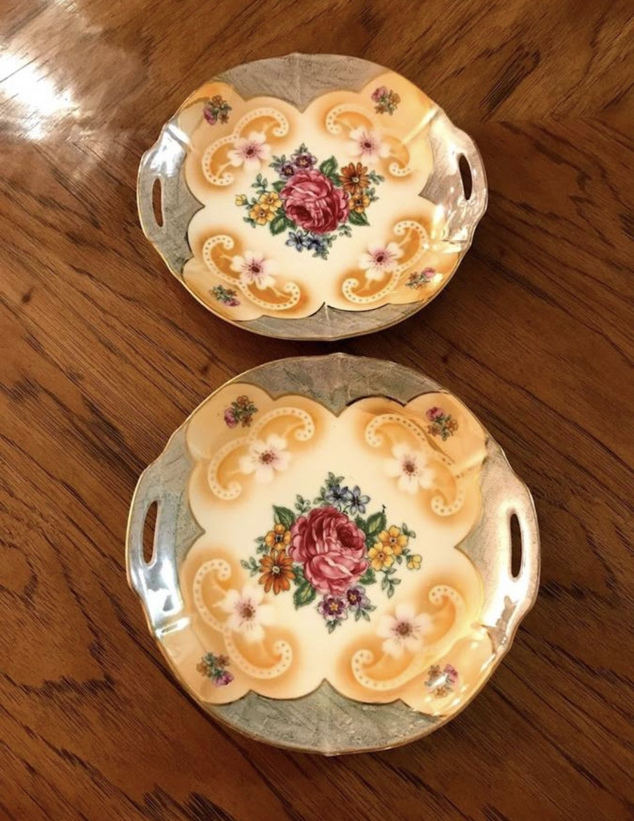 2 Rare Vintage Matching Bavaria Rose Plates With Handles