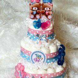 Boy or Girl Pink Blue Gender Reveal Baby Shower 3 Tier Diaper Cake