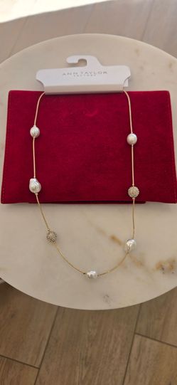 Brand New Ann Taylor Gold-Tone Necklace with White Pearls and Pave Beads