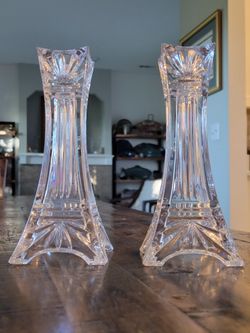 WATERFORD MARQUIS Odyssey CRYSTAL CANDLESTICK HOLDERS PAIR Eiffel Tower 7" Tall