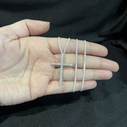 925 Sterling Silver Womens Mens CZ Beautiful Cross & Curb Chain