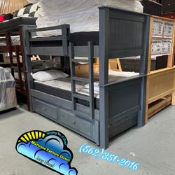 Grey Twin Bunk Bed With Mattresses Colchones Trundle Nuevo New 