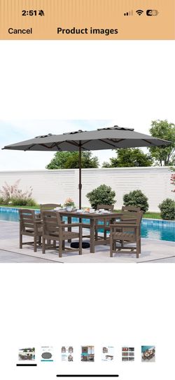 New in box SERWALL 8-Pc HDPE Dining Set, 1 Table, 1 Umbrella & 6 Chairs, Coffee Patio Dining Set with Umbrella, 67"Rectangular Table & 6 Chairs & 15FT