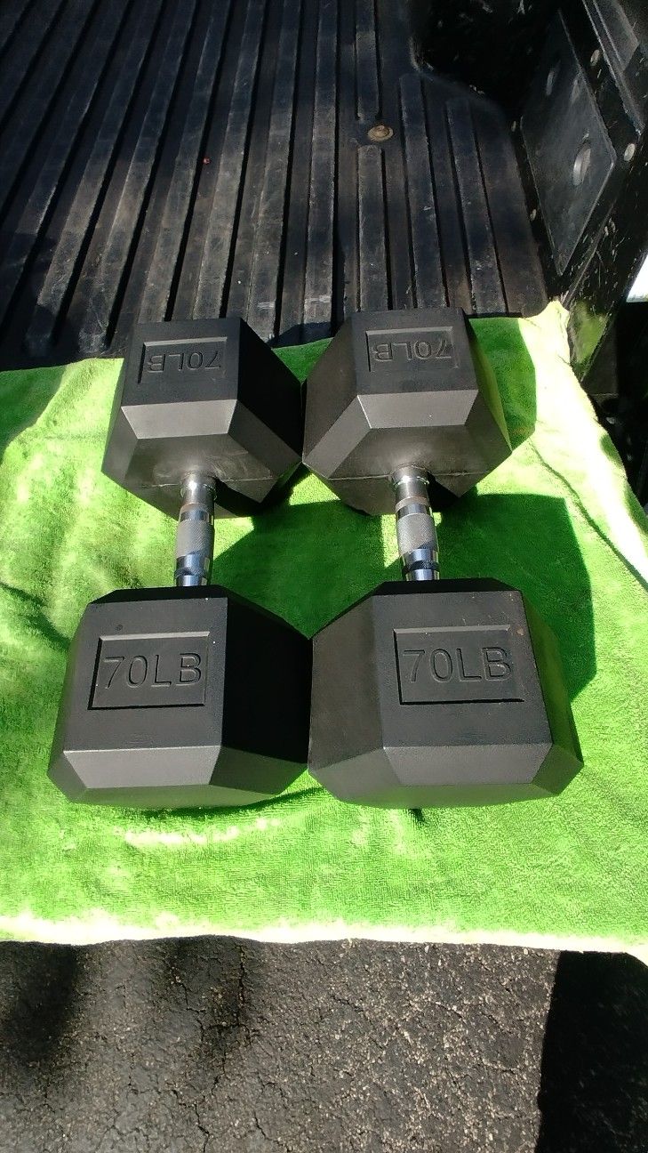PAIR OF RUBBER 70 LB. HEX DUMBBELLS