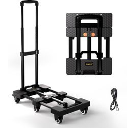 Voipvvii Folding Hand Truck 500lbs, Portable Heavy Duty Dolly Cart, 6 Wheels Collapsible Luggage Cart With 2 Elastic Ropes - Compact Trolley Cart For 