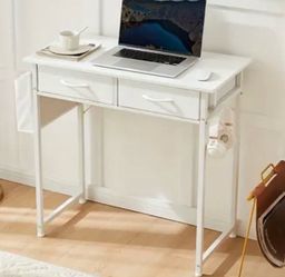 White desk wooden top fabric drawers