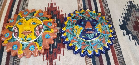 Mexican talavera  ceramic sun face wall plaque folk art