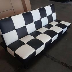 Brand New Black & White Checkered Leather Tufted Futon