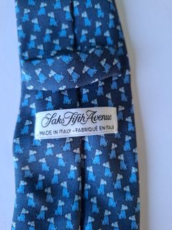 Saks Fifth Avenue Blue Silk Necktie - Scottish Terrier Dog Print (Made in Italy)