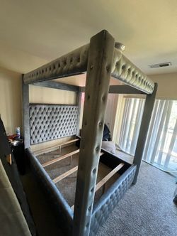 New in box gray velvet canopy queen bed frame special