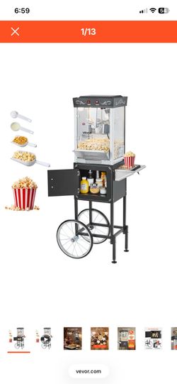 Popcorn Machine with Cart, 8oz Stainless Steel Kettle, 800W Commercial Popcorn Maker, 48 Cups per Batch Theater Style Popper, with 2-Button Control Gl