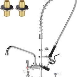 Commercial Pre-Rinse Sink Faucet – Wall Mount Professional Kitchen Faucet with Pre-Rinse Sprayer, 8-Inch Adjustable Center, 36-Inch Height Designed fo