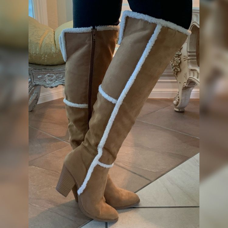 Tan suede with fur trim heeled under knee boots