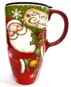Santa Claus Christmas ceramic holiday travel mug with lid