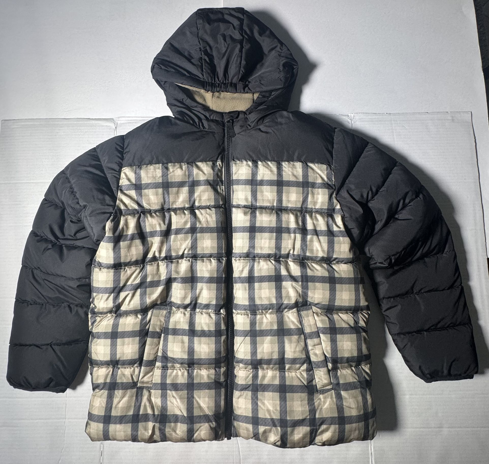 Pre Owned Excellent Swiss+Tech Puffer Jacket Hoodie Fleece Lining Full Zip Plaid Black Beige Boys Size Large 10-12 Husky