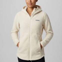COLUMBIA Sherpa Fleece Full Zip Hooded Long Jacket Women Small Cream Cabincore
