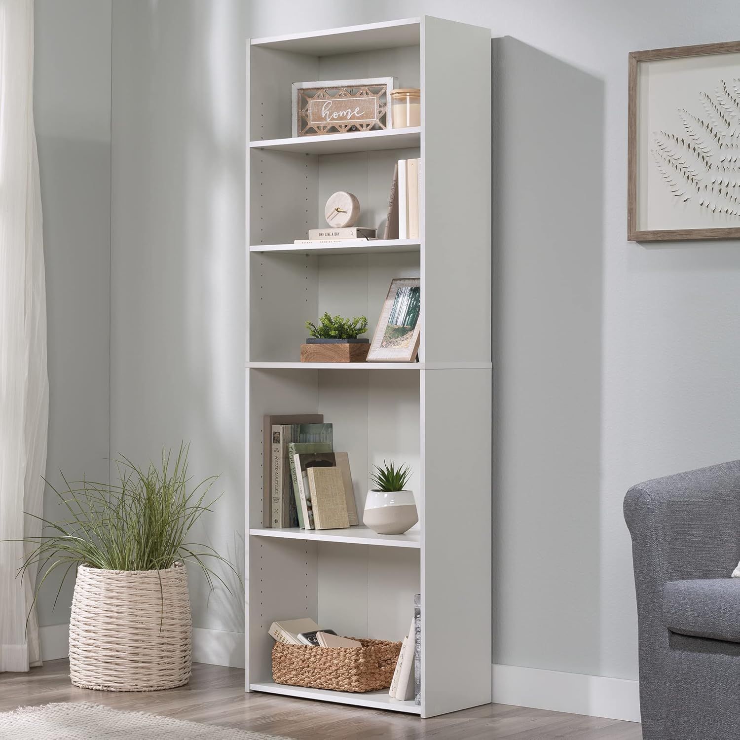 Sauder Beginnings 5-Shelf Bookcase, Bookshelf with Adjustable Storage Shelves, L: 24.57" x W: 11.50" x H: 71.18", Soft White