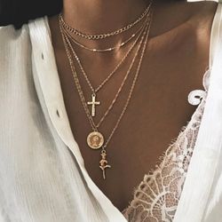 Rose Flower Cross Round Chain Pendant Multilayer Necklace