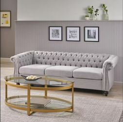 Tufted Chesterfield Solid Fabric 3-Seater Sofa 84.75 in. Linen - Grey