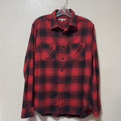 Uniqlo Mens Red Black Plaid Button Down Long Sleeve 100% Cotton Shirt Top Size M