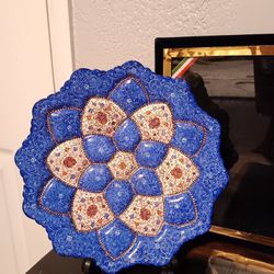 Handcrafted Enamel Hanging Wall Plate From Iran 8in In Diameter With Black Velvet Case.