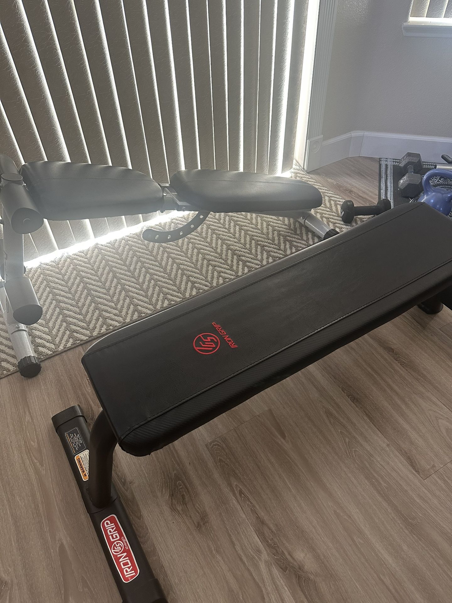 Weight Bench, Curl Bar, And Weights.
