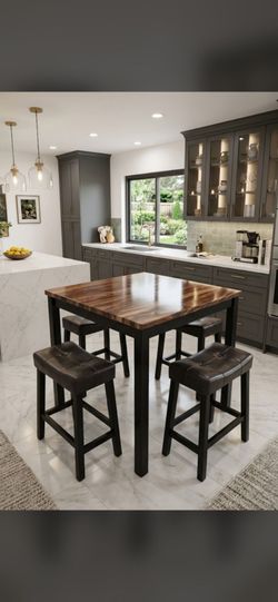 High-Top Bar Dining Table Set with 4 Tufted Stools