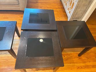 Set of 4 Dark Wood & Glass End Tables / Side coffee Tables