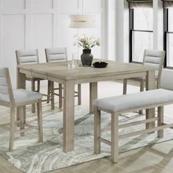 MODERN  STURDY-DINNING SET LIGHT GREY FABRIC WOODEN W TAPERED LEGS 