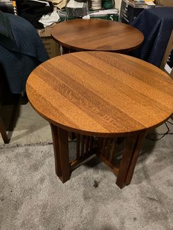Set of 2 Mission Style Round End Tables. Still In Very Good Condition(See & Click On Pictures)