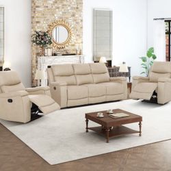 Beige Leather Fully Reclining Three Piece Couch Set