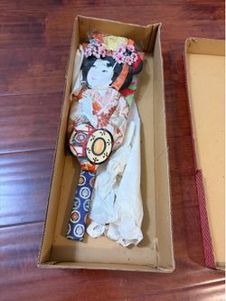 Vintage Japanese Hagoita Oshie Dojoji Drum Doll Paddle 16” NOS w Box