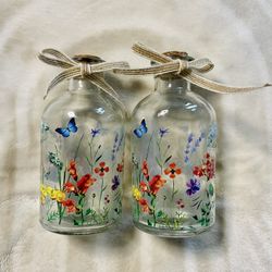 Clear Glass w/ Decoupage Flowers Bottles with Corks/ Set of 2 