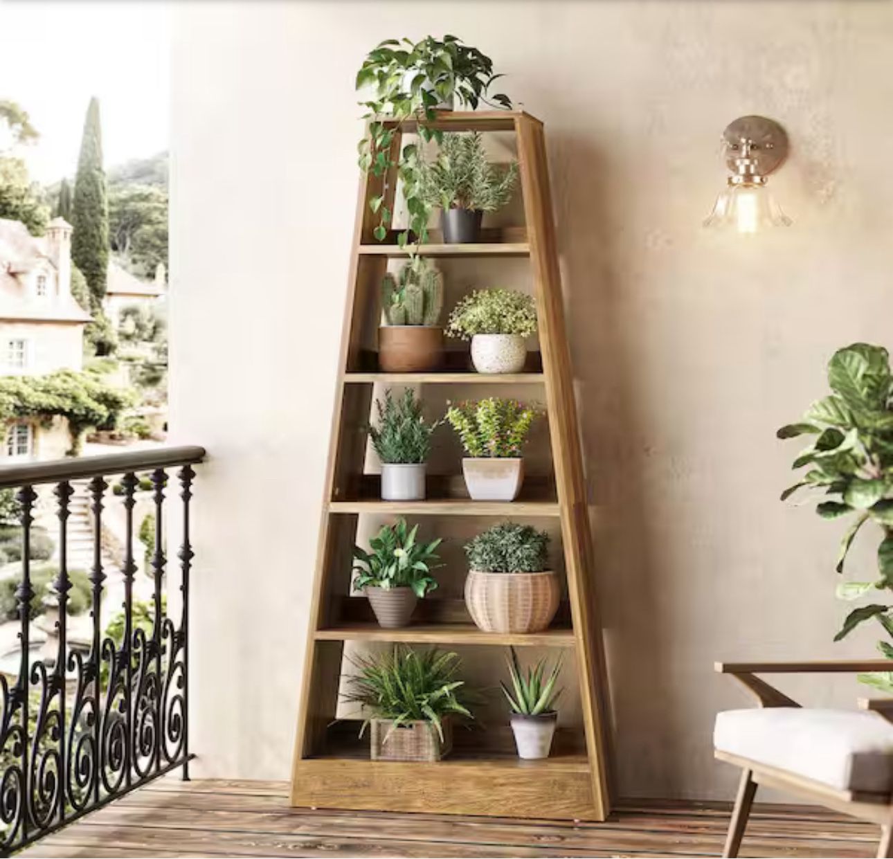 70.9 in. Tall Umber Wood 6-Shelf Etagere Bookcase with Ladder Shaped, Open Bookshelf 