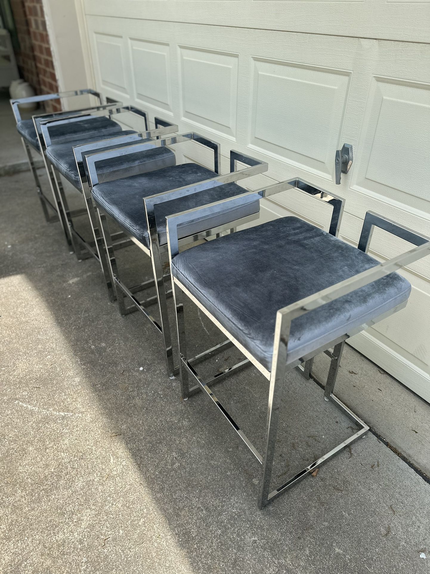 Set of 4 Velvet Upholstered Chrome Metal Counter Height Stools