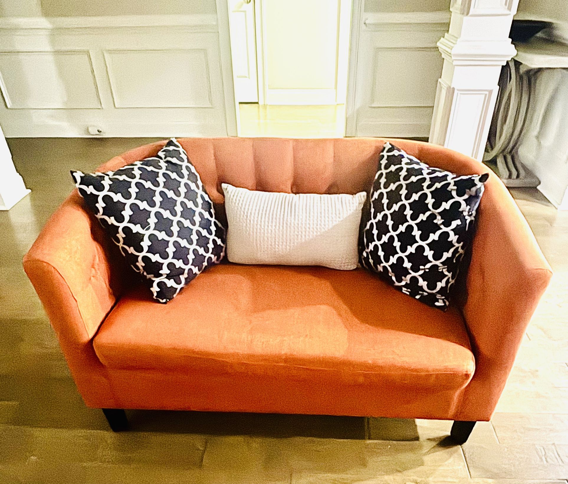 2 Orange Stretch Velvet small sofas 