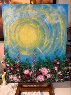 Hand Painted Sun and Flowers 28” x 24”