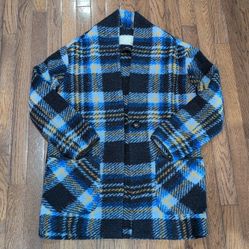 Aritzia Wilfred Free blue Yellow Wool Blend Plaid Casual Peacoat Jacket Size XS 