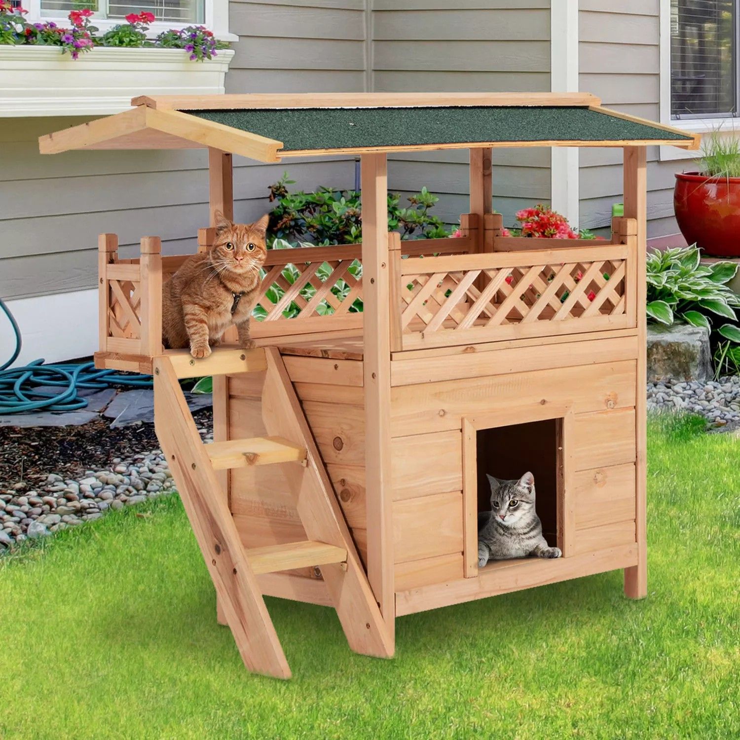 Outdoor Cat House with Stairs Balcony Roof